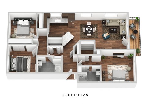 Floor plan for 3 beds, 2 baths, 1204 sqft
